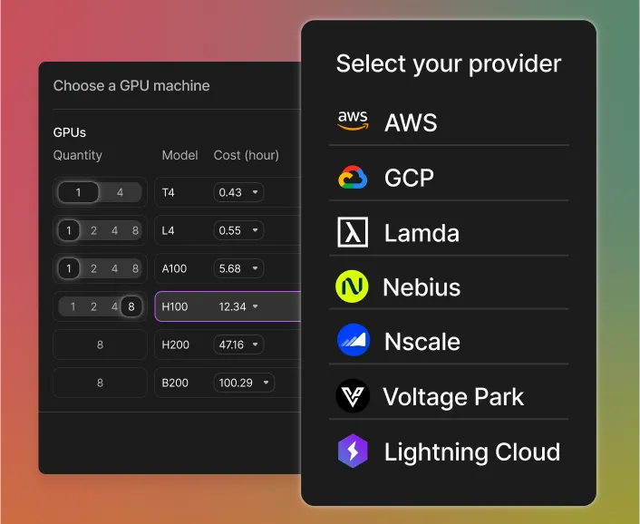 Choose your GPU. Choose your cloud. One platform. Lightning AI’s multi-cloud GPU marketplace gives teams seamless access to top hyperscalers and neoclouds to unlock speed, scale, and savings in one unified interface.