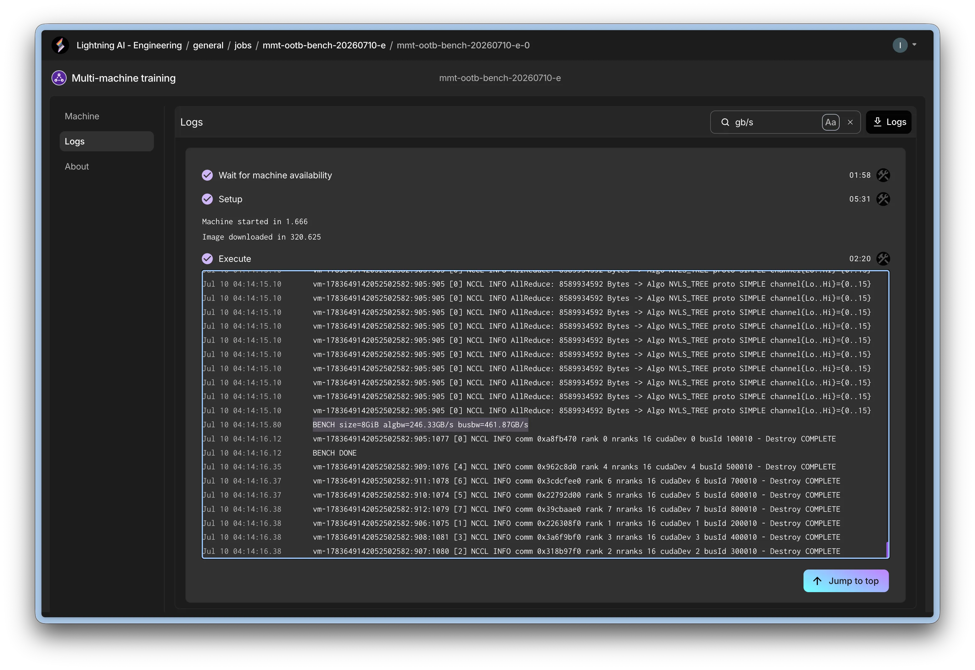 Baremetal NCCL speed within the multi node VMs. 461.87 GB/s busbw (8 GiB all-reduce, 16 ranks across 2 nodes) out of the box on a stock NGC container