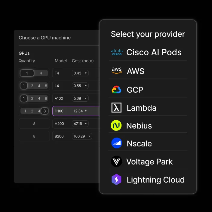 Select workloads to run on Cisco AI Pods on Lightning, burst into Lightning's fleet of 36,000 GPUs, or leverage Lightning's&nbsp;multi-cloud marketplace